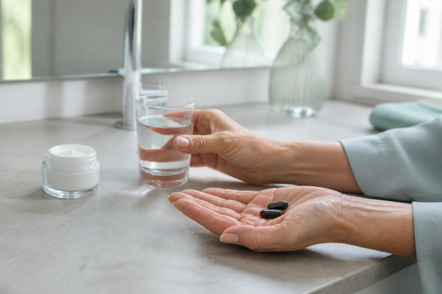 Reife Frauenhände mit genau zwei Kapseln und einem Glas Wasser