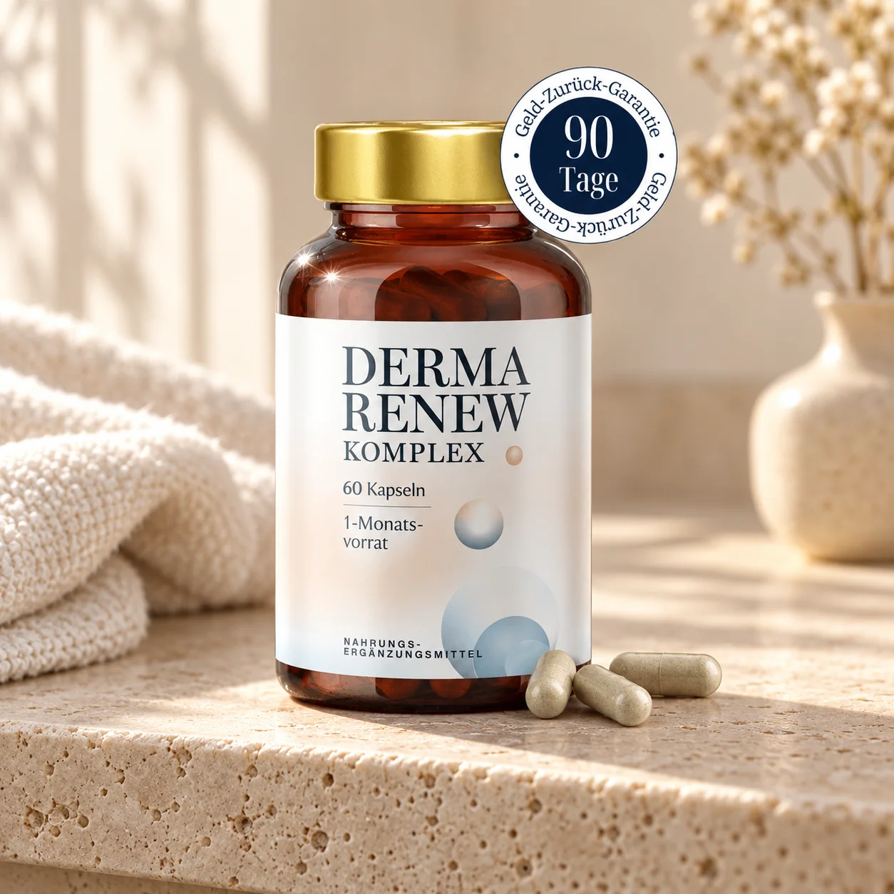 Derma Renew Komplex auf einem hellen Natursteinregal