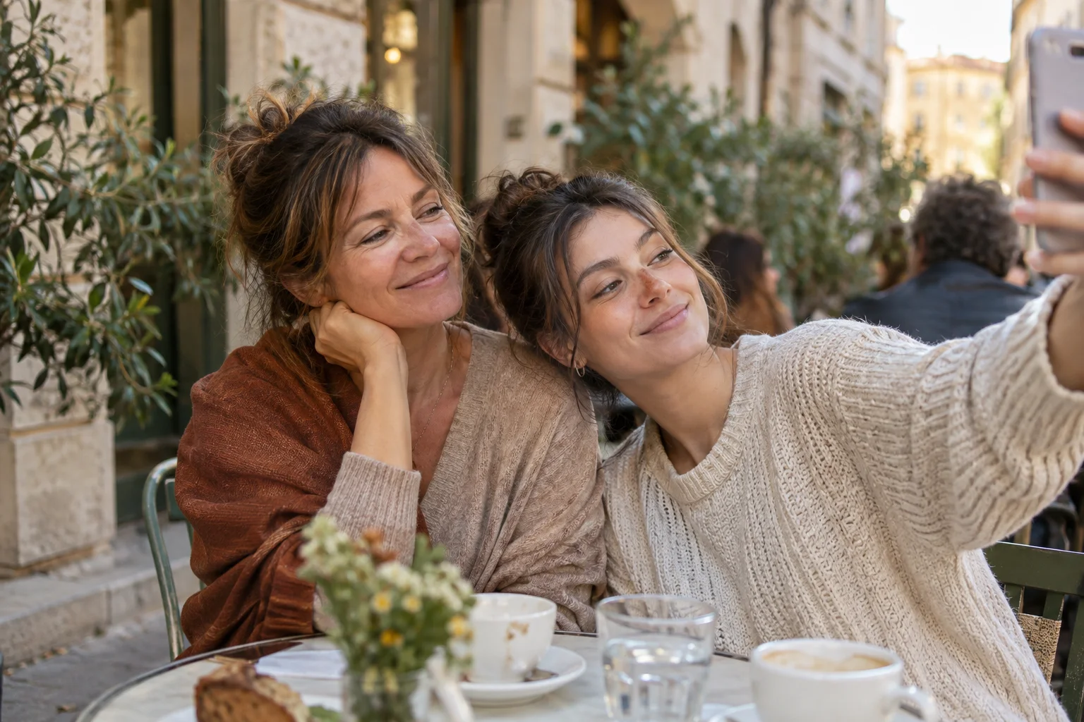 Mutter und erwachsene Tochter machen gemeinsam ein Foto im Café